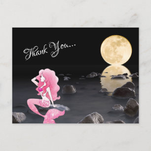 Carte Postale Belle sirène en rose avec pleine lune Merci