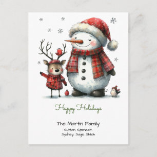 Carte Postale Belle Snowman et Reindeer Joyeuses Vacances