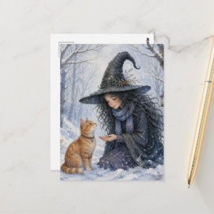 Carte Postale Belle Sorcière et Chat Roux dans la Forêt d'Hiver