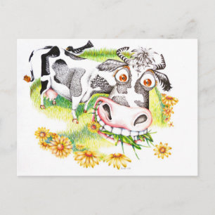 Carte Postale Belle vache caricaturée broutant sur les fleurs