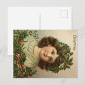 Carte Postale Belle Vielle Lithographie de Noël de Jeune Fille (Devant / Derrière)