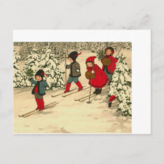 Carte Postale Belle Vintage Noël enfants ski neige