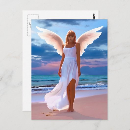 Carte Postale Belles Femmes avec des ailes d'ange sur une plage (Devant / Derrière)