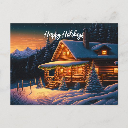 Carte Postale Belles lumières de Noël Log Cabine Mountain neige (Devant)