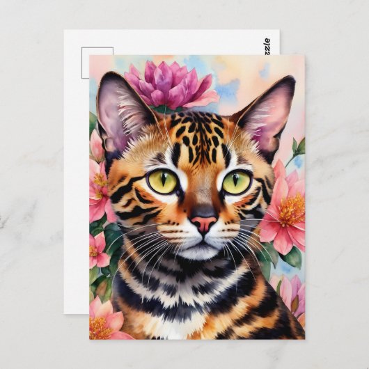 Carte Postale Bengale Chat Aquarelle Art Floral (Devant / Derrière)