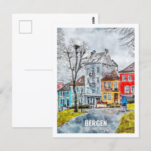 Carte Postale Bergen Hordaland Norvège Lieu de voyage Aquarelle