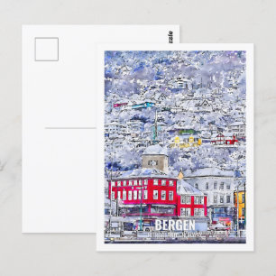 Carte Postale Bergen Hordaland Norvège Lieu de voyage Aquarelle