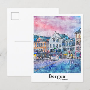 Carte Postale Bergen Norvège Voyage Aquarelle Croquis Main tirée