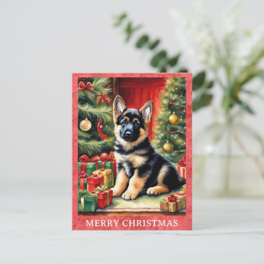 Carte Postale Berger allemand Joyeux Noël mignon Chien chiot (Debout devant)