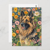 Carte Postale Berger allemand Whimsical dans un jardin de fleurs (Devant / Derrière)