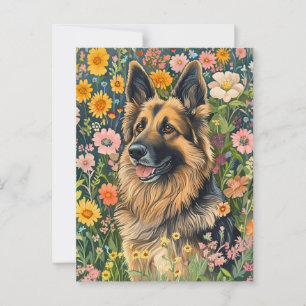 Carte Postale Berger allemand Whimsical dans un jardin de fleurs