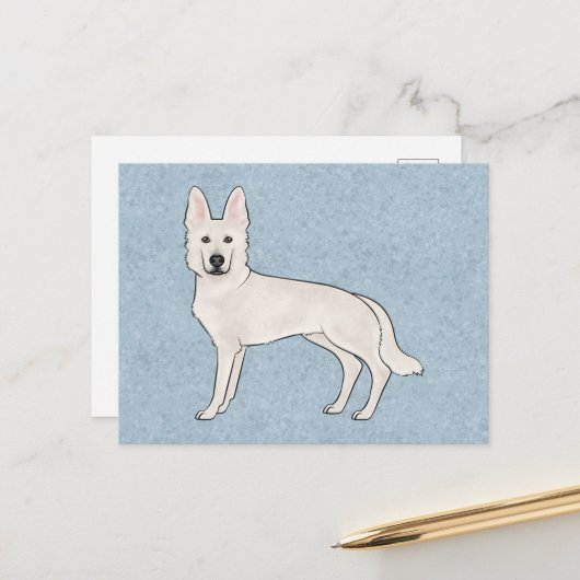 Carte Postale Berger blanc blanc blanc GSD Cartoon Chien bleu (Devant/Arrière en situation)