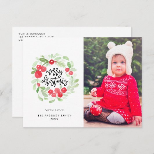 Carte Postale Berry Wreath Joyeux Noël aquarelle photo (Devant / Derrière)