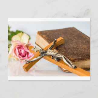 Carte Postale Bible, croix et rose