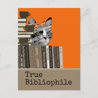 Carte Postale Bibliophile vrai - chat avec des livres