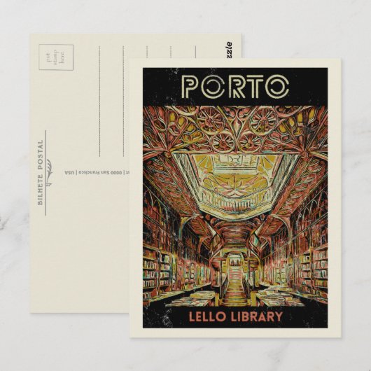 Carte Postale Bibliothèque Porto Lello illustration Portugal (Devant / Derrière)