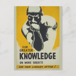 Carte Postale Bibliothèque vintage Poster Thinker Statue Bibliot