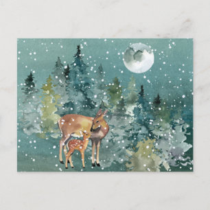 Carte Postale Biche et faon dans une forêt enneigée sous la plei