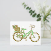 Carte Postale Bicyclette verte avec tulipes (Debout devant)