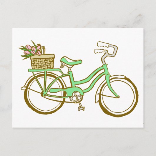 Carte Postale Bicyclette verte avec tulipes (Devant)
