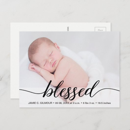 Carte Postale Bienheureux script de faire-part de naissance bébé (Devant / Derrière)