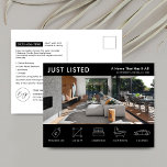 Carte Postale Biens juste cotés Black Immobilier Marketing<br><div class="desc">Carte postale marketing immobilier moderne avec espace pour votre logo, photo de la propriété et détails de la propriété avec icônes. Cette carte postale promotionnelle de Property For Sale entièrement personnalisable en noir et blanc présente un design professionnel avec de l'espace pour le texte personnalisé et les détails de la...</div>