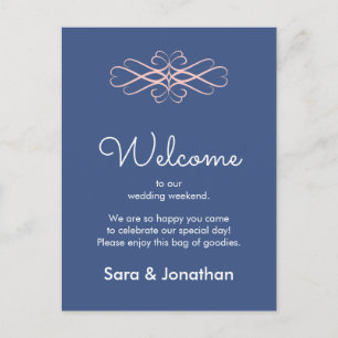 Carte Postale Bienvenue à Notre Mariage rose et bleu foncé