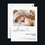 Carte Postale Bienvenue Calligraphie Faire-part de naissance car<br><div class="desc">Bienvenue Calligraphie Heart Faire-part de naissance Postcard Photo simple moderne sur la carte postale faire-part de naissance de naissance avec un mot de calligraphie moderne bienvenue et coeur. Le message des parents s'affiche à l'arrière. Cette carte postale faire-part de naissance moderne est une façon douce d'annoncer la naissance de votre...</div>