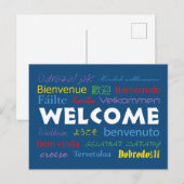 Carte Postale Bienvenue dans plusieurs langues Bleu Blanc (Devant / Derrière)