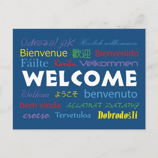 Carte Postale Bienvenue dans plusieurs langues Bleu Blanc (Devant)