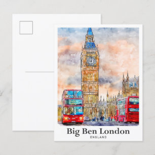 Carte Postale Big Ben London Watercolor Dessin à la main