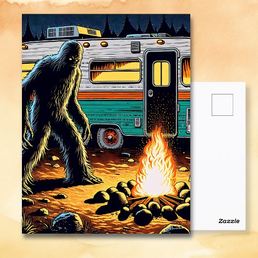 Carte Postale Bigfoot à Campfire et Retro Rv