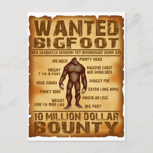 Carte Postale Bigfoot Bounty Poster Recherché de 10 millions de (Devant)