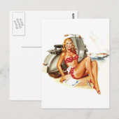 Carte Postale Bikini fille avec scooter vintage pin (Devant / Derrière)