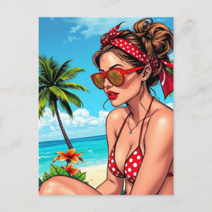 Carte Postale Bikini rouge, lunettes de soleil et femme de Banda