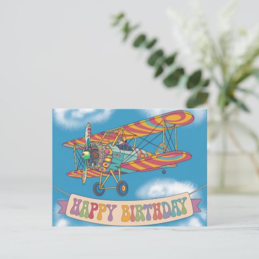 Carte Postale Biplan volant au-dessus d'une banderole joyeux ann (Debout devant)