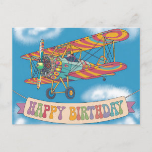 Carte Postale Biplane survolant la bannière d'anniversaire heure