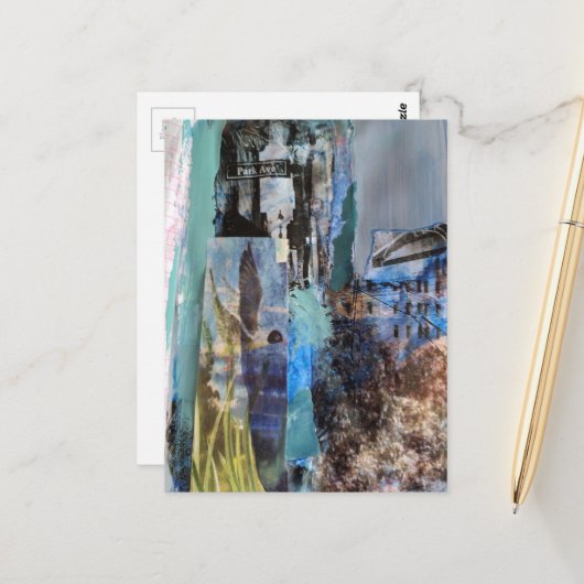 Carte Postale Bird and City Buildings mixed media collage (Devant/Arrière en situation)