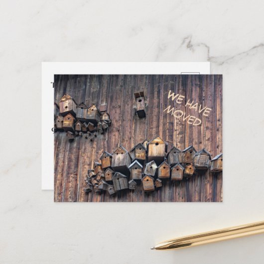 Carte Postale Bird house sur un mur en bois, plaisir que nous av (Devant/Arrière en situation)