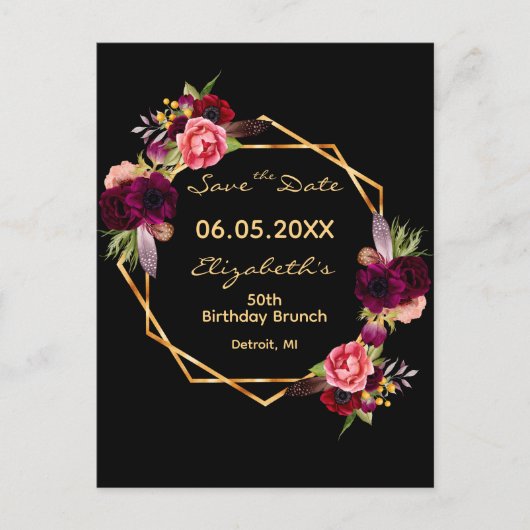 Carte Postale Birthday burgundy floral noir Enregistrer la date (Devant)