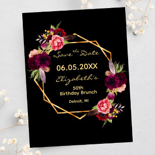 Carte Postale Birthday burgundy floral noir Enregistrer la date