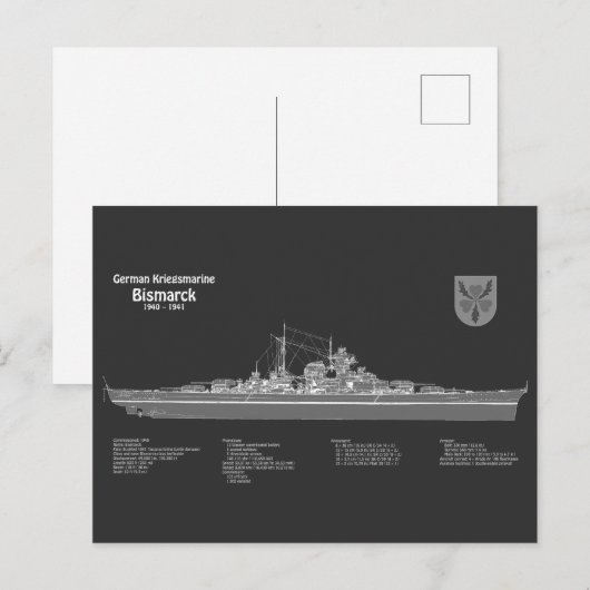 Carte Postale Bismarck - Plan directeur du navire de guerre PD (Devant / Derrière)