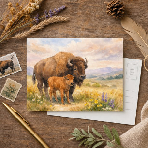Carte Postale Bison Aquarelle Prairie Nature-Faune