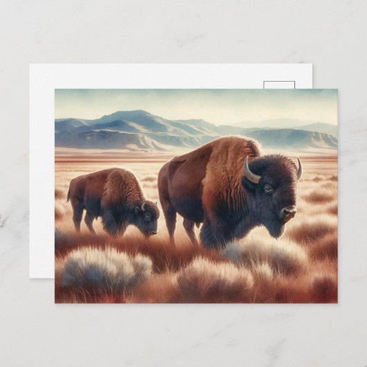 Carte Postale Bison d'aquarelle sur les plaines (Devant / Derrière)