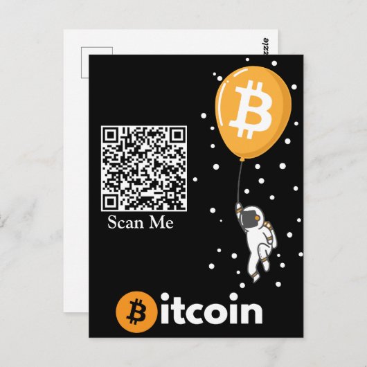Carte Postale Bitcoin Astronaut à la lune - Btc Qr code Crypto (Devant / Derrière)