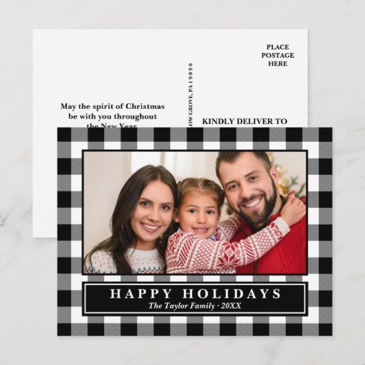 Carte Postale Black Buffalo Plaid Photo Holiday (Devant / Derrière)