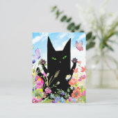 Carte Postale Black Cat Spring Greeting Card:  Kitty and Flowers (Debout devant)