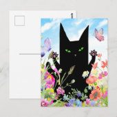 Carte Postale Black Cat Spring Greeting Card:  Kitty and Flowers (Devant / Derrière)