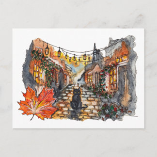 Carte Postale Black Cat Village Road Halloween Watercolor