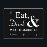 Carte Postale Black Eat Drink Nous Avons Marié Retro Elopement<br><div class="desc">Invitations amis et la famille pour vous aider à célébrer votre mariage récent avec cette carte postale d'invitation de fête d'elopement sur le noir Eat,  Drink & Be Married !</div>